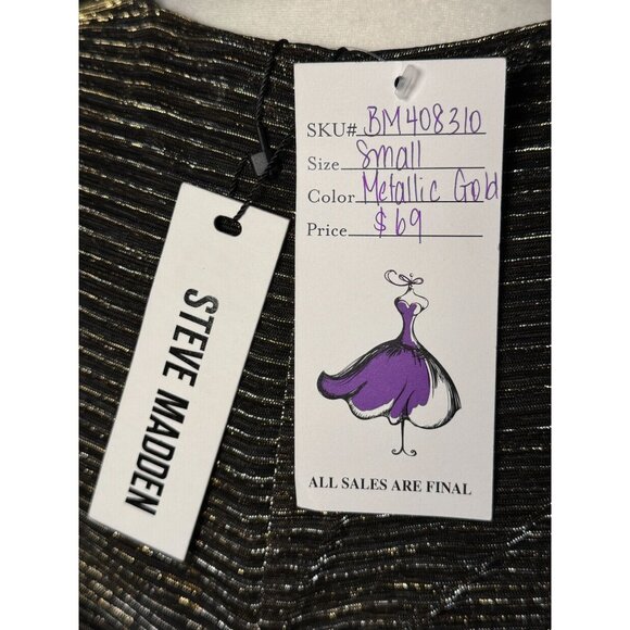 NEW STEVE MADDEN S Gold Green Metallic Ribbed Ruched Dress Long Sleeves V-Neck - Picture 11 of 12